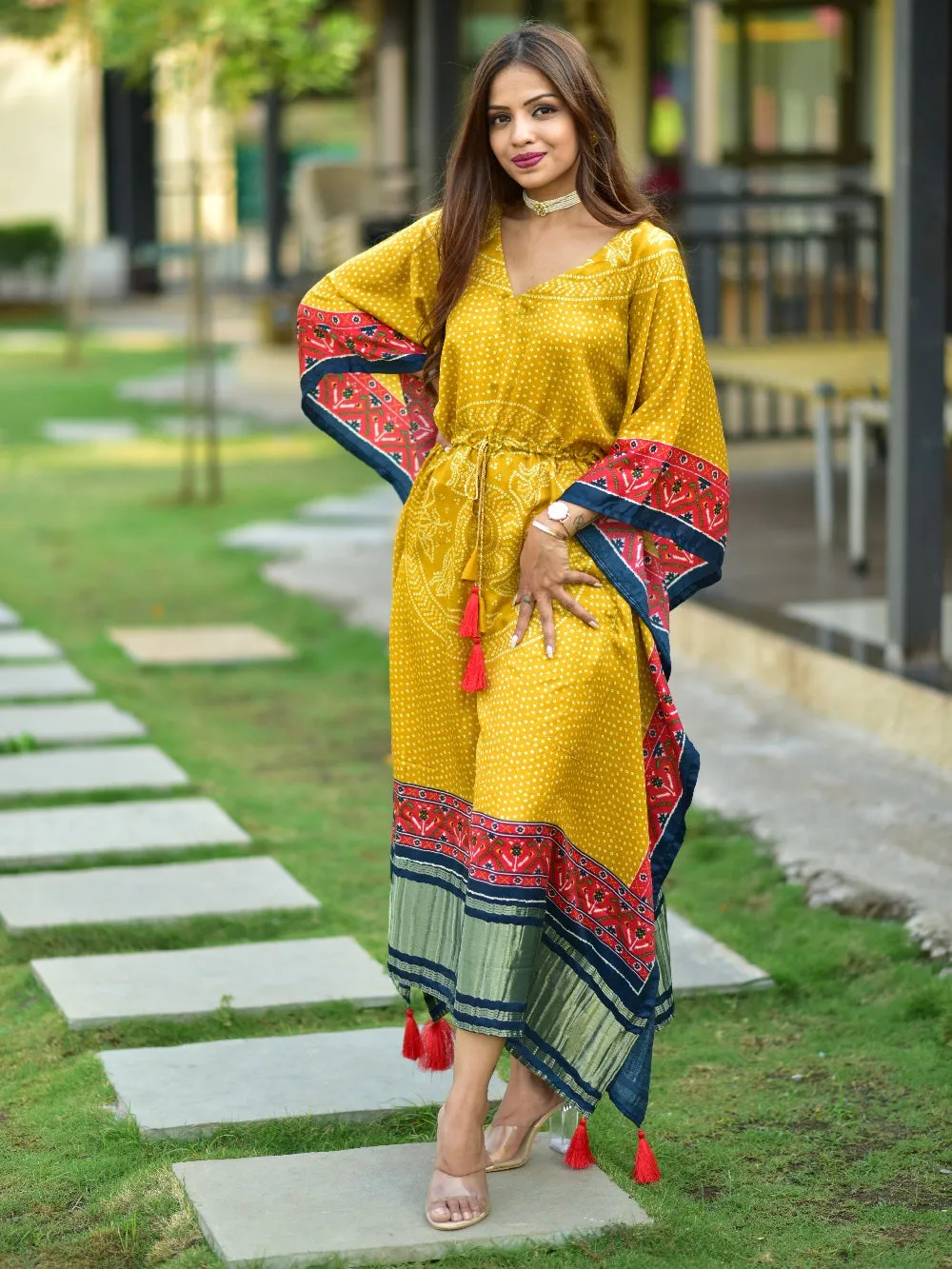Mustard Color Digital Bandhej Print Pure Gaji Silk Kaftan