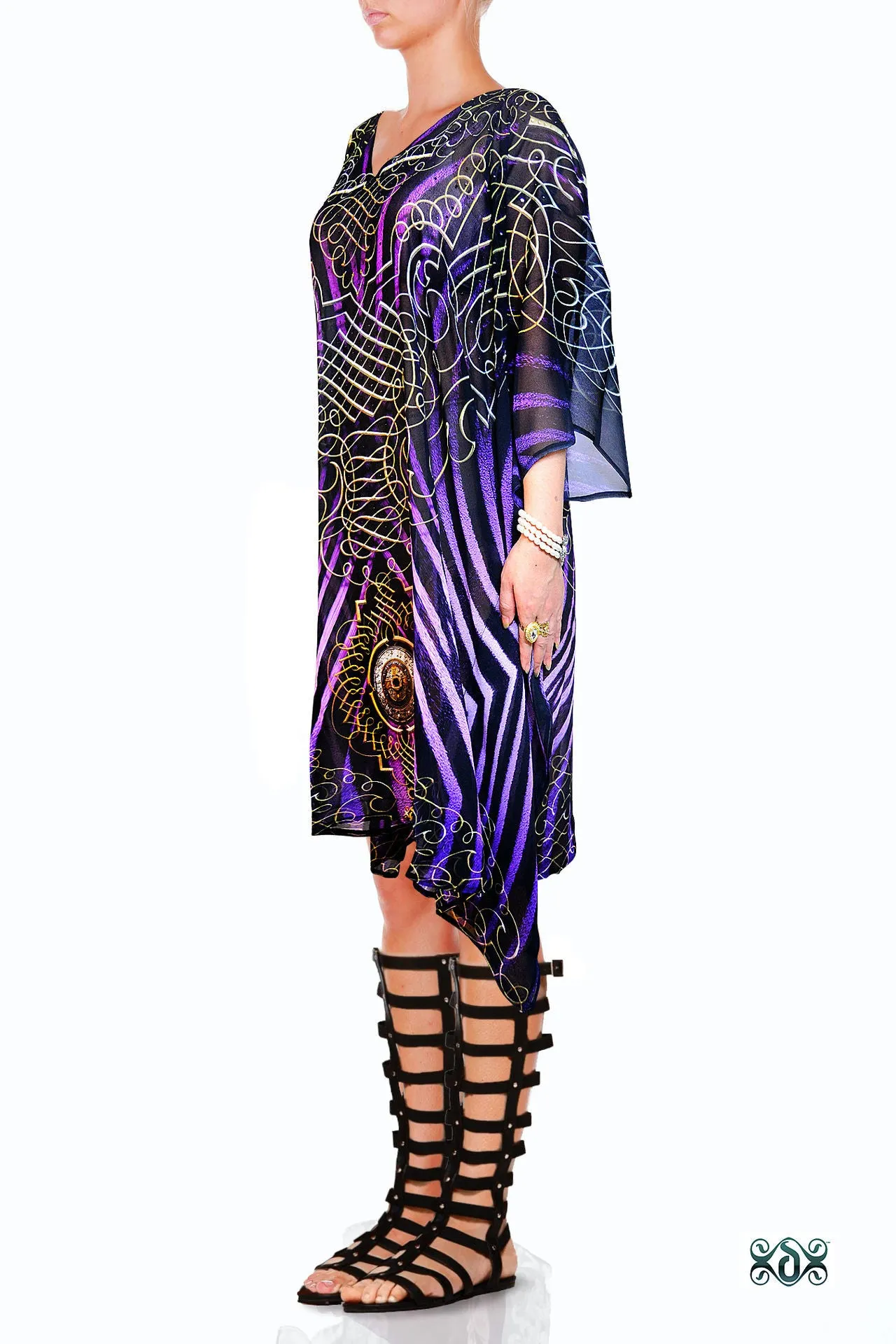 NATURE MORTE Purple Stripes Devarshy Short Crystals Embellished Kaftan - 1036C