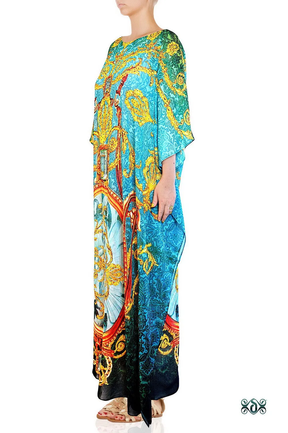 Turquoise Baroque Long Kaftan, Crystals Embellished Caftan, Long Georgette Kaftan - 1093B